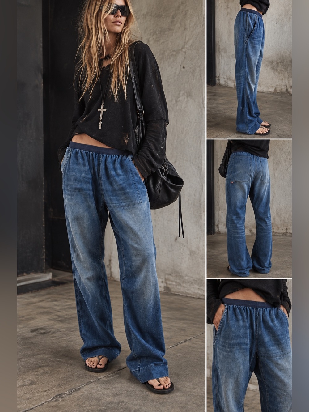 FREECITY Blue Denim Drop Crotch Harem Pants Elastic Waist Slouchy Jeans size med